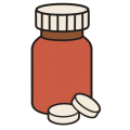 Flat drawing of a medicine bottle seen head-on: a terracotta body, a brown neck, a ribbed ivory screw cap, and two round ivory tablets lying in front of it. No label.