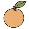 Flat drawing of one round sand-coloured fruit seen from the side, with a short brown stem and a single veined olive-green leaf at the top right. Nothing is cut open.