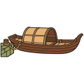 Flat drawing of a moored Chinese sampan seen from the side: a long brown wooden hull with a raised bow and stern, thwarts forward, and amidships an arched sand-coloured matting roof. A mooring rope runs from the bow to an olive-green quay block topped by a bollard, set at the very bottom left and much smaller than the boat. No town, no sky, no crane.