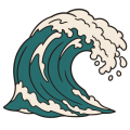 Flat drawing of a single wave seen from the side: a teal body curling over, an ivory crest breaking to the right and throwing off a few droplets, and ivory foam at its foot. No beach, no boat, no sky.