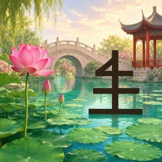 A garden pond is covered with broad green lotus leaves under a weeping willow. In the left foreground one large pink lotus is open and two buds are still closed on their stems. Behind, a humpbacked stone bridge and a pavilion with red pillars and upturned tiled roofs. Standing above the water at the right, the character 生 in dark brown: a small oblique hooked at the top of the stem, then three horizontal bars of growing length that the stem runs through.