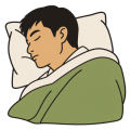 Flat drawing of a sleeping man seen in three-quarter view: short straight black hair, a sand-coloured face, one closed eye and a black eyebrow drawn as single curves, the head resting on an ivory pillow. An olive-green blanket lined with ivory is pulled up to the shoulder.