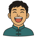 Flat drawing of an adult man laughing, head and shoulders, seen from the front: short straight black hair, black eyebrows, a sand-coloured face, eyes closed as two upward curves, the mouth wide open showing a row of ivory teeth against a terracotta inside, and a teal Chinese jacket with a stand collar and frog fastenings.