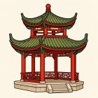 Un pavillon chinois à deux étages sur une plateforme de pierre crème avec ses marches. Ses deux toits de tuiles vertes ont des angles retroussés, ses piliers et ses balustrades ajourées sont rouge laque, et un épi rouge le couronne.
