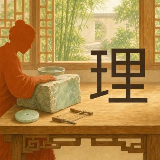 A jade workshop: a wooden table before a lattice window onto bamboo and a moon gate. On the table a block of pale green jade sawn flat on one face, a bowl of water behind it, a jade disc and a bow drill in front. An orange figure in a long robe leans over the block in profile, one hand resting on the stone. At the right the character 理 in black: two bars and a stem ending in an upward flick, beside a four celled box over two bars.