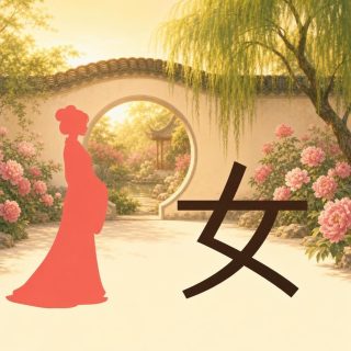 A Chinese garden in golden light: a pale wall pierced by a round moon gate, banks of pink peonies, a weeping willow and a pavilion beyond. On the left, in profile, the flat coral red silhouette of a woman in a long robe, her hair gathered in a bun. On the right, the character 女 in very dark brown: a stroke going down to the left that breaks and turns to the lower right, a long diagonal crossing it to the lower left, and a long bar laid across both.