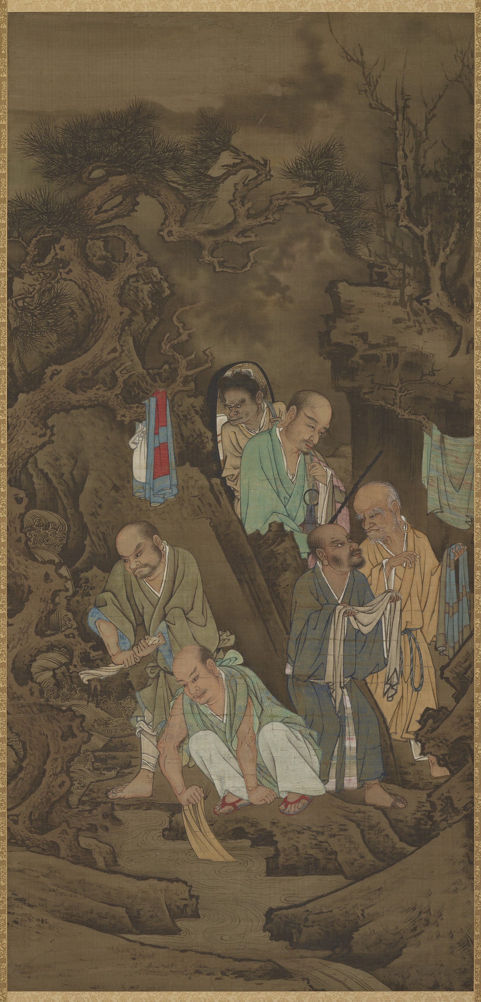 « Luohan laundering 羅漢洗濯圖 », Lin Tinggui 林庭桂 (active late 12th century), rouleau suspendu, dynastie des Song du Sud