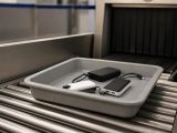 Trois batteries externes, une blanche et deux noires, posées avec leurs câbles dans un bac gris sur les rouleaux d'un appareil de contrôle par rayons X.