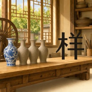 A potter's workshop: a long table before a lattice window onto a green garden, a cartwheel at the left, shelves of bowls and a jar of brushes. On the table a blue and white porcelain vase with a large painted flower, and beside it three unglazed grey vases carved with foliage. At the right the character 样 in black: a bar crossed by a stem with a long stroke falling left and a short one at the right, then two strokes over three widening bars run through by a stem.
