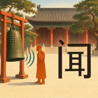 A temple courtyard: a hall with grey tiled roofs on vermilion columns, pines at both sides. At the left a dark green bronze bell hangs from a red wooden frame, three blue green arcs widening away from it. Beside it an orange figure stands in profile, a hand cupped behind one ear. At the right the character 闻 in black: a dot, an upright, a bar across the top that hooks down at the right, and inside a frame of four bars, the last running out to the left.