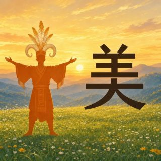 A hillside meadow at sunrise: flowered green grass, blue grey hills, a golden sky with the sun on the horizon. At the left an orange figure faces us, arms spread wide, in a patterned robe with fringed sleeves and a fret belt, wearing a tall headdress of two ivory ram horns curling outward and cream and gold feathers standing between them. At the right the character 美 in near black: two short strokes on top, three bars crossed by a stem, then a wider bar and two strokes crossing below.