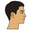 Flat drawing of an adult man’s head seen in profile, facing right: short straight black hair, spiked on top and cropped close at the nape, a sand-coloured face, an ear drawn in a single line, a black eyebrow, a small eye with a brown iris, the nose, nostril and mouth each marked by one line. The neck stops on a straight horizontal edge at the foot of the drawing. No shoulders, no bust, no clothing.