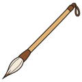 Flat drawing of a Chinese writing brush lying diagonally: a sand-coloured bamboo handle, a brown ferrule, an ivory tuft of hair tapering to a point at the lower left, and a small brown hanging loop at the other end.