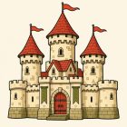 Un château de pierre crème vu de face, trois tours à toit rouge pointu surmontées de fanions rouges, des courtines crénelées de part et d’autre, deux bannières vertes et une porte de bois rouge en haut d’un escalier.