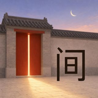 A grey brick wall capped with dark tiles at dusk, under a mauve and pink sky. Set into it, two tall vermilion doors stand almost shut, held apart by a thin vertical slit from which a band of cream light falls across the paving. A slender crescent moon hangs high at the right. On the wall the character 间 in near black, the same frame open at the foot, and inside it, touching nothing, an upright rectangle split by a single bar.
