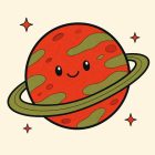 Une planète rouge tachée de continents vert olive, entourée d’un anneau incliné vert. Elle porte deux grands yeux et un sourire, et quatre étoiles rouges à quatre branches l’entourent.