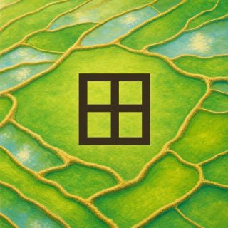 Rice paddies seen from the air: large plots of emerald and tender green divided by narrow ochre dikes, a few of them flooded and holding the blue of the sky, the whole running across the picture on a slant. In the middle, on one plain plot, the character 田 in dark brown: a square cut into four cells by a cross that reaches all four sides.