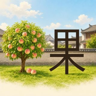 An orchard in front of a grey brick wall, with Chinese houses and tiled roofs and a blue cloudy sky beyond. At the left a peach tree in green leaf is loaded with pink and cream peaches, and two more have fallen in the grass. At the right, on the lawn, the character 果 in deep brown: a square divided into four cells, set on a long horizontal bar, a stem running down through the whole, and two slants spreading from the crossing.