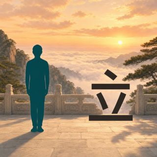 A paved terrace on a Chinese mountain top, edged with a carved stone balustrade, with pines clinging to the rocks and a sea of cloud to the horizon under an orange sunrise sky where the sun still sits low. At the left a flat dark teal silhouette of a person stands facing the viewer, arms along the body. At the right the character 立 in dark brown: a tilted mark at the top, a bar, two small obliques converging downward, and a long bar below.