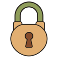 Flat drawing of a closed padlock seen head-on: a round sand-coloured body with a brown keyhole, under an olive-green shackle arching over the top.