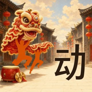 A festive Chinese street: grey brick houses with dark tiled roofs on both sides, strings of red lanterns, pale paving running toward the far end. A huge lion dance head in red and gold with a cream mane fills the left, its cloth body streaming behind it, while two flat orange dancers leap beneath with their arms raised. A red and gold drum and a pair of gold cymbals with a red ribbon rest on the ground. At the right, large on the paving, the character 动 in bold black.