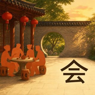 A Chinese courtyard in evening gold: a wooden pavilion at the left hung with red lanterns, a grey brick wall pierced by a round moon gate that opens on green trees, bamboo at the right, wide pale paving. Four flat orange figures sit on ceramic drum stools around a round stone table set with a teapot and small cups, leaning toward one another, one with a hand raised. At the right the character 会 in near black, a wide inverted V roof over two bars and a hooked stroke.