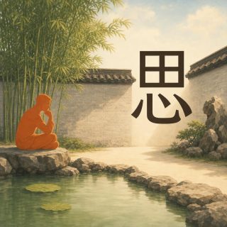 A corner of a Chinese garden: a pale green pool with two round lotus pads, grey rocks along its rim, a grey brick wall with tiled coping, tall bamboo at the left. On a flat rock a terracotta orange figure sits cross legged in profile, one elbow on a knee and a hand near the chin. At the right, against wall and sky, the character 思 in near black: a square of four cells above a wider 心, a lying curve whose right end lifts into a hook.
