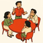 Quatre personnes autour d’une table ronde rouge, vue de trois quarts au-dessus, assises sur des chaises rouges. Trois écoutent, le menton dans la main ; la quatrième, debout en chemise rouge, lève l’index et ouvre l’autre main en parlant.