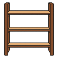Flat drawing of a rack seen head-on: two brown uprights carrying three horizontal sand-coloured shelves, all of them empty.