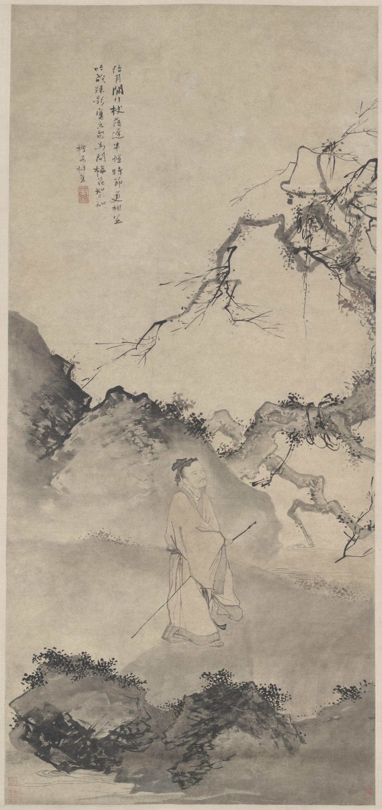 « The Poet Lin Bu Wandering in the Moonlight », Du Jin, rouleau suspendu, Chine, dynastie des Ming (1368–1644)