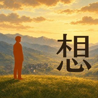 A late afternoon landscape: a grassy summit in the foreground, terraced rice fields dropping away to a village of grey houses with dark roofs, blue grey mountains beyond and a golden sky. At the left an orange figure stands still in profile, arms at the sides, looking toward the distant village. At the right the character 想 in near black: 相 above, a narrow 木 beside an upright frame of three cells, and below it a 心 spread as wide as the whole upper tier without touching it.