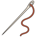 Flat drawing of a sewing needle lying diagonally: an ivory shaft whose point runs down to the bottom left corner and whose oval eye sits at the top right. A terracotta thread passes through the eye and loops loosely back down.