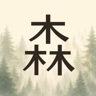 Sur fond crème, le caractère 森 en brun très foncé : un premier bloc 木 en haut au centre, deux autres identiques côte à côte en dessous. Derrière, très pâle, une forêt de sapins noyée de brume traversée de rais de lumière.
