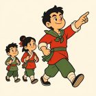Un jeune homme marche en tête, le bras tendu et l’index pointé vers l’avant. Il porte une veste croisée rouge, une ceinture et un foulard verts. Deux enfants plus petits le suivent en file, sacs au dos, dans les mêmes rouges et verts.