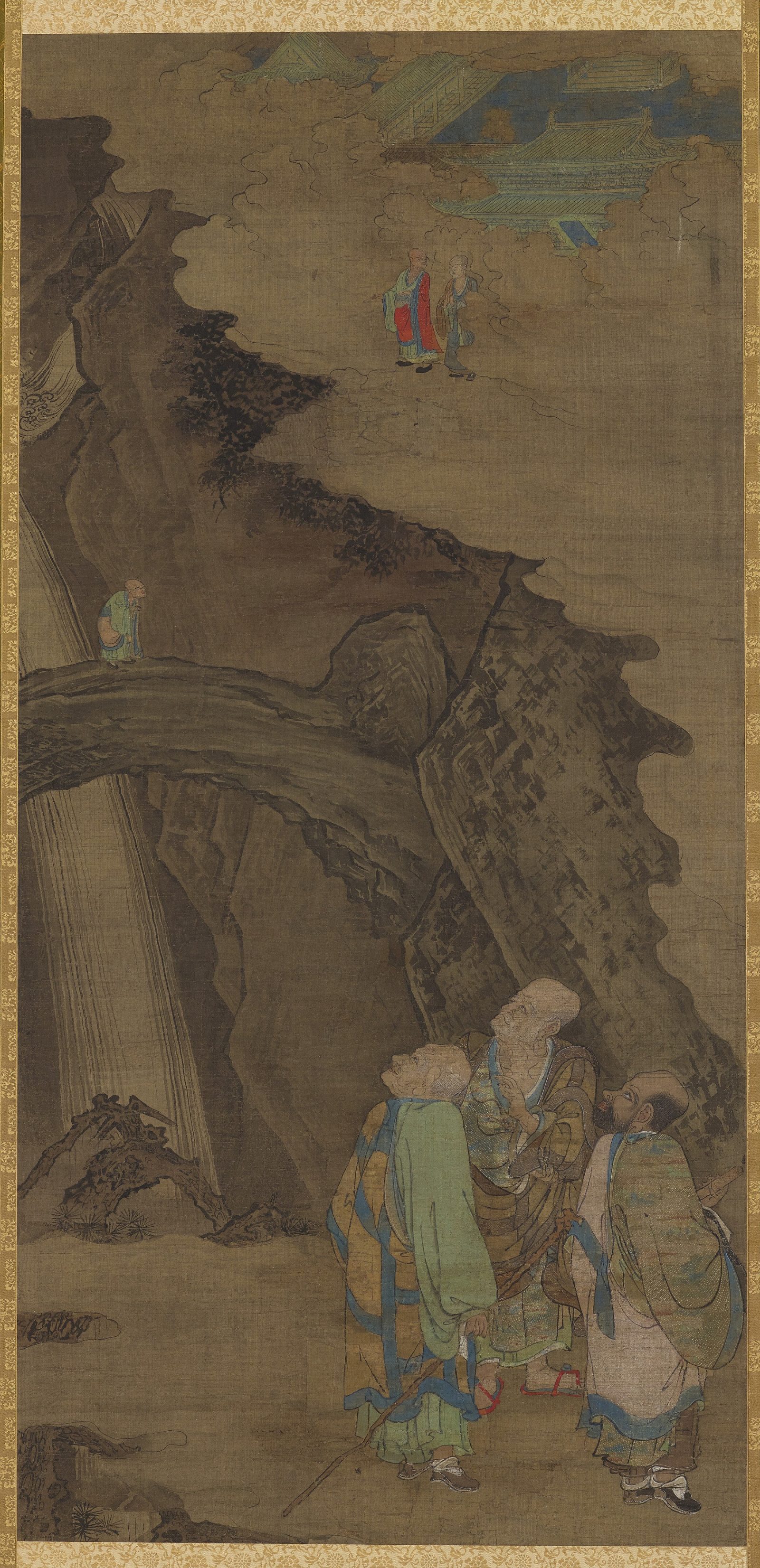 « The Rock Bridge at Mount Tiantai 天台石橋圖 », Zhou Jichang 周季常 (active late 12th century), rouleau suspendu, dynastie des Song du Sud