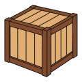 Flat drawing of a closed wooden crate seen from a three-quarter view and slightly from above: sand-coloured planks held between dark brown corner battens, the lid in place. Nothing is written on it.