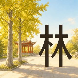A paved avenue runs through a Chinese park in autumn. Two tall ginkgos with pale grey trunks and golden yellow leaves stand at the left, a small red pavilion with an upswept roof sits behind them, and the sky is pale blue. On the paving at the right the character 林 rises in near black, very large: the tree block twice over, side by side, the left one ending in a short stub where the right one sweeps out in a long stroke.