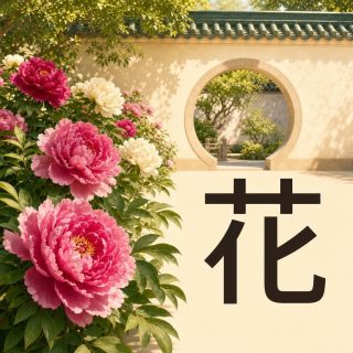 A bank of peonies in front of the pale cream wall of a Chinese courtyard: very double blooms in pink, magenta and cream on dark green foliage, and in the wall a round moon gate opening on a garden, under a roof of green glazed tiles. At the right, on the sunlit wall, the character 花 in deep brown: a bar crossed by two short uprights above, and below two tight parts, the right one ending in a stroke that drops, turns and lifts into a hook.