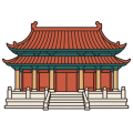 Flat drawing of a Chinese palace hall seen head-on: two terracotta tiled roofs with upturned eaves carried on rows of teal brackets, a row of sand-coloured columns in front of terracotta panels and doors, and an ivory stone terrace with a balustrade and a stair at its centre.