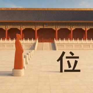 The forecourt of a Chinese palace in the morning: a long hall with a dark tiled roof and a gilded frieze carried on vermilion columns, red wooden doors, a white marble balustrade and a central stair, with wide pale paving before it. At the left a flat orange figure in a long robe stands in profile on a round carved stone plinth, hair in a bun and hands joined; a line of similar empty plinths recedes behind. At the right, on the paving, the character 位 in near black.