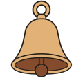 Flat drawing of a bell seen head-on: a sand-coloured body, a hanging loop at the top, the open mouth showing a brown interior seen from below, and a round brown clapper hanging at the rim.