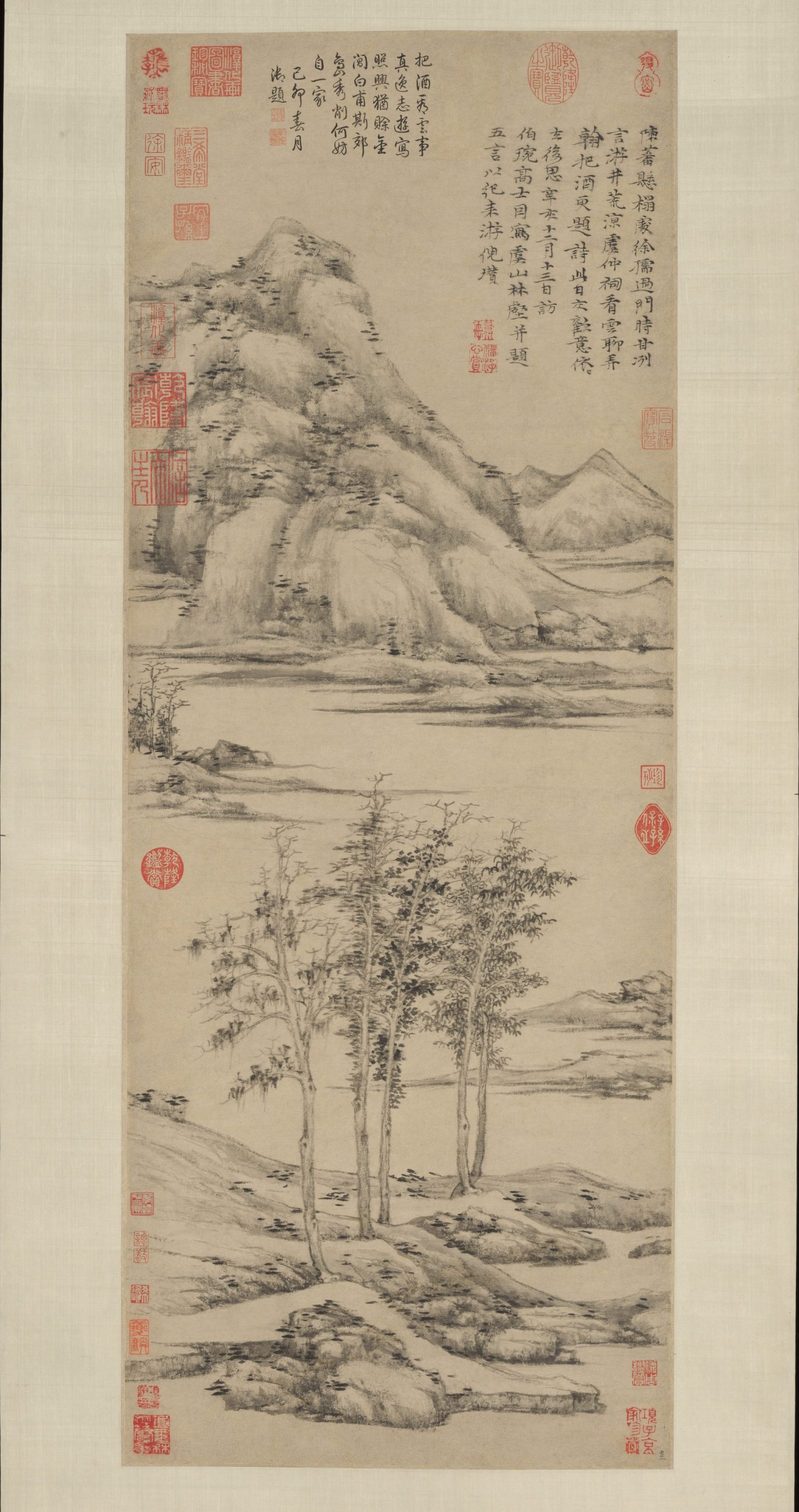 Section de « Woods and Valleys of Mount Yu », Ni Zan, rouleau suspendu, Chine, dynastie des Yuan (1271–1368)