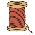 Flat drawing of a spool of thread seen from the side: two round sand-coloured flanges, the top one pierced by a brown hole, a barrel completely wound with terracotta thread, and a loose end trailing down on the right.