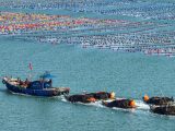 Photo aérienne des pêcheurs récoltant du varech à Rongcheng