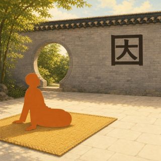 A sunlit Chinese courtyard: a long grey brick wall capped with dark tiles, pierced by a round moon gate that opens on bamboo, maple foliage above, wide pale flagstones. In the foreground a large honey coloured straw mat lies on the stones, and on it a flat orange figure sits in profile, leaning back on both hands, legs folded to one side and face turned upward. On the wall at the right the character 因 in deep brown, a closed square enclosing a bar and a splitting upright.