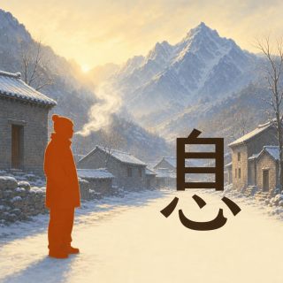 A Chinese mountain village on a winter morning: brick houses under snowy tiled roofs, bare trees, a white peak and a golden sunrise sky. At the left an orange figure stands in profile on the frozen lane, in a coat and a knitted hat, a white plume of breath curling up from the mouth. At the right the character 息 in near black: an upright frame split into three cells by two bars, capped by a slanted stroke, above a wider lying curve with a hook and marks around it.