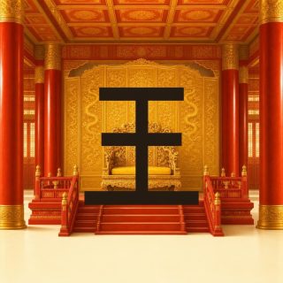 The throne hall of a Chinese palace: tall vermilion columns, a golden screen carved with dragons, a red and gold coffered ceiling, red balustrades, and a red lacquer dais reached by steps, carrying a gilded throne with a yellow imperial cushion. Standing in front of it all, large enough to cover the throne itself, the character 王 in black: three horizontal bars, the lowest the longest and the middle one the shortest, run through by a single vertical stem.