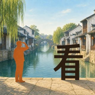 A Chinese water town: a green blue canal runs to a humpbacked stone bridge, lined with whitewashed houses under dark tiles, balconies and orange lanterns, willows leaning over the water. On the left quay a terracotta orange figure holds a flat hand above the eyes and gazes down the canal. On the same quay at the right stands the character 看 in near black: three almost level lines stacked and crossed by a long stroke sweeping down to the left, an upright frame of three cells beneath their right half.