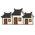 Flat drawing of three Chinese village houses standing side by side and seen head-on, the tallest in the middle: whitewashed ivory walls, dark grey tiled roofs whose ridges sweep up at the ends, and a brown wooden door and a small sand-coloured window on each. No chimney, no ground, no trees, nobody.