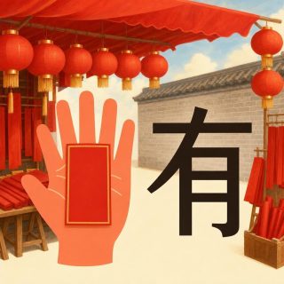 A New Year market stall under a bright red awning: red lanterns with gold caps and yellow tassels, bundles of blank red paper scrolls on a wooden trestle and in a crate, a grey brick wall, blue sky. A large flat coral hand, palm toward the viewer and fingers spread, holds a plain red envelope edged with gold. At the right, on the wall, the character 有 in solid black, its top bar crossed by a stroke sweeping down to the left over a two barred frame.